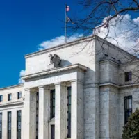 Front of the United States Federal Reserve System headquarters where monetary policy is established by board of governors. Washington D.C.—March 17^ 2019