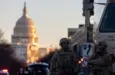 Members of the National Guard patrol the area surrounding the outskirts of the Capitol Building on January 19^ 2021^ in Washington D.C.