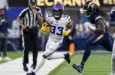 Minnesota Vikings running back Aaron Jones in runs against the Los Angeles Chargers during an NFL football game Oct. 23^ 2025^ in Inglewood^ Calif.