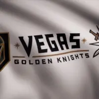Waving flag with Vegas Golden Knights NHL hockey team logo. Close-up of waving flag with Vegas Golden Knights NHL hockey team logo^ seamless loop. Editorial footage