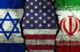 Israel^ United States and Iran flags on the textured wall^ political conflict concept background with clash. War^ trade^ diplomatic. USA negotiation