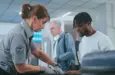 Security Checkpoint in Airport Terminal: Female TSA Worker Inspecting Baggage of Passenger before Boarding Flight^ Finding and Confiscates Liquid. Queue of Diverse People During Screening Procedures.