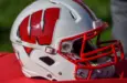 Chicago^ IL September 25^ 2021^ University of Wisconsin Badgers college football helmet^ red and white^ W logo^ American Football^ Big Ten