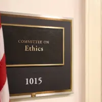 A sign at the entrance to a House Ethics Committee hearing room in Washington^ DC on July 18^ 2017. The House of Representatives is the lower chamber of the US Congress.