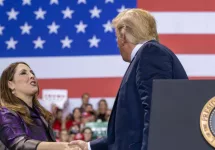 Republican National Convention Chair Ronna Romney McDaniel with President Trump in Battle Creek^ Michigan. December 18^ 2019: