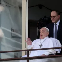 Pope Francis appears at the Gemelli Polyclinic in Rome for the Angelus blessing after a month of hospitalization for bilateral pneumonia. Rome^ Italy 23.03.2025