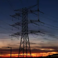 Overhead power lines at sunset in Spain