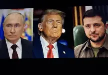 Images of US President Donald Trump^ Volodymyr Zelenskyy and Vladimir Putin side by side