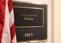 A sign at the entrance to a House Ethics Committee hearing room in Washington^ DC on July 18^ 2017. The House of Representatives is the lower chamber of the US Congress.