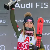 Mikaela Shiffrin (USA) takes 1st place during a women's World Cup Super-G in Bansko JANUARY 26^ 2020 ^ Bulgaria BANSKO^ BULGARIA - JANUARY 26^ 2020