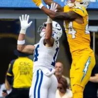 Indianapolis Colts Alec Pierce #14 during an NFL football game at SoFi Stadium^ Oct. 19^ 2025^ in Inglewood^ Calif.
