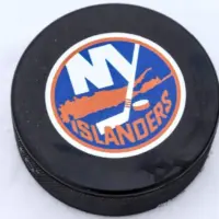 New York Islanders logo on Ice hockey puck outdoors in snow OREBRO^ SWEDEN - FEBRUARY 3^ 2019