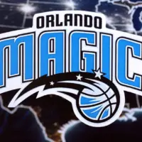 Orlando Magic basketball team badge lies on United States map background banner