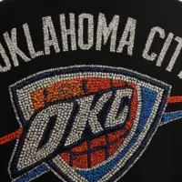 OKLAHOMA CITY THUNDER IN ALL RHINESTONES AS PATCH ON BACK OF MENS VARSITY JACKET AI-generated image / This content was generated by an Artificial Intelligence (AI) system.