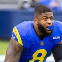 Los Angeles Rams outside linebacker Jared Verse (8) warms up before an NFL football game against the Arizona Cardinals at SoFi Stadium^ in Inglewood^ Calif. on Sunday January 4^ 2026.