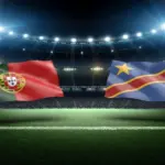 Football match preview between Portugal and DR Congo with national flags over a lit night soccer stadium background 3D rendering