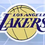 Los Angeles Lakers basketball team badge lies on basketball stadium map background banner