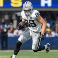 Las Vegas Raiders tie end Brock Bowers #89 runs the ball against the Los Angeles Rams in an NFL football game at SoFi Stadium^ Oct. 20^ 2024^ in Inglewood^ Calif.