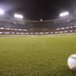 Selective focus of baseball in outfield grass at Dodger Stadium Los Angeles - October 12^ 2022