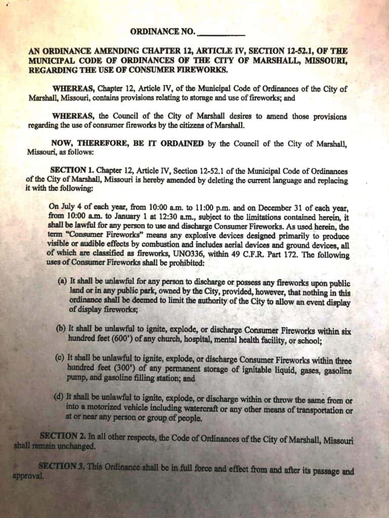 COUNCIL APPROVES AMENDMENT TO FIREWORKS ORDINANCE KMMO Marshall, MO