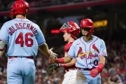 St. Louis, United States. 19th July, 2023. St. Louis Cardinals Nolan Gorman  (L) is congratulated at home plate by Lars Nootbaar after hitting a three  run home run in the first inning