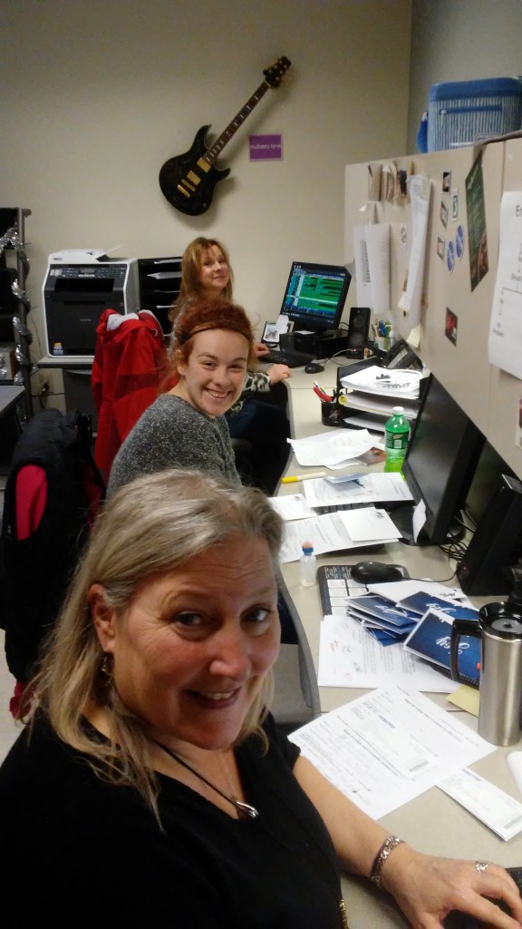 Been here 10 hours and still smiling: Kathryn, Raina, and Ginger