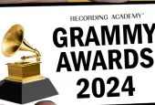 Grammy awards 2024 logo displayed on hand holding mobile screen. isolated on color background.