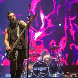 Christian metal rock band Skillet and John Cooper^ lead vocalist and bass guitarist performs live at the Atlas Weekend Festival in National Expocenter. KIEV^ UKRAINE - JULY 04^ 2018