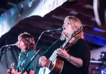 Indigo Girls duo Amy Ray and Emily Sailers singing on stage at Wild Goose Festival on July 9^ 2016 in Hot Springs^ NC^ USA.