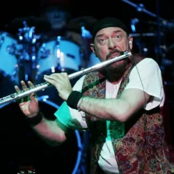 Ian Scott Anderson^ the Jethro Tull lead singer and flautist^ performs at a concert hall in Moscow on March 22^ 2005.