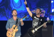 Guitarists Chad Kroeger and Ryan Peake of Canadian rock band Nickelback during a concert at Rock in Rio 2019 in Rio de Janeiro. October 6^ 2019.