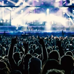 The crowd in a fan zone in a concert hall. Raised hands during a music show