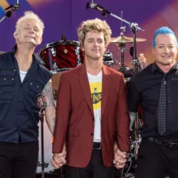 rock group Green Day (Mike Dirnt^ Billie Joe Armstrong^ Tre Cool) at ABC Good Morning America concert in Central Park in New York on July 26^ 2024