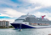 Carnival horizon cruise ship. Cruise ship vacation. Aerial view of cruise ship in vacation summer. Travel at sea. Luxury liner. Ship leaving Miami port Miami^ Florida^ USA - June 09^ 2024