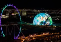 Las Vegas^ Nevada^ USA - November 7th^ 2023: MSG Sphere and High Roller illuminated at night