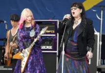 Heart's Ann and Nancy Wilson perform onstage at the 2024 New Orleans Jazz Heritage Festival at Fair Grounds Race Course on April 28^ 2024 in New Orleans Louisiana.