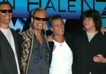 Alex Van Halen and David Lee Roth with Eddie Van Halen and Wolfgang Van Halen at the Van Halen Reunion Tour Press Conference. Four Seasons Hotel^ Los Angeles^ CA. 08-13-07
