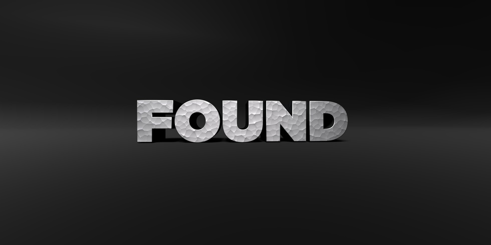 found-metal-finish-text-on-black-studio-3d-rendered-stock-photo