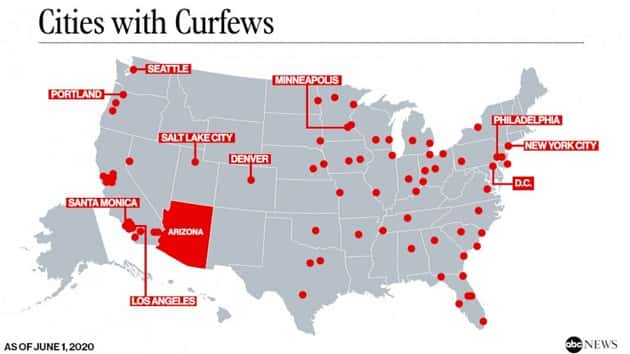 Locations of George Floyd protests curfews and National Guard