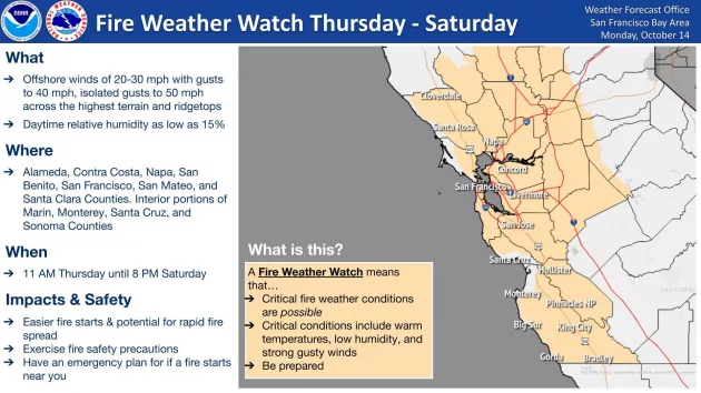 Fire Weather Watch Map for the San Francisco Bay Area 10-14-24 National Weather Service