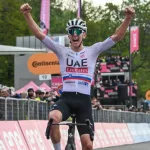 Slovenian cyclist Tadej Pogacar winning the second stage of the three-week 2024 Giro d'Italia professional cycling race. Santuario di Oropa^ Biella^ Italy - May 5^ 2024