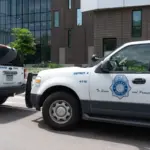 Law Enforcement Downtown Denver^ Denver Police Department cars parked Denver^ Colorado^ United States - 5.17.2023