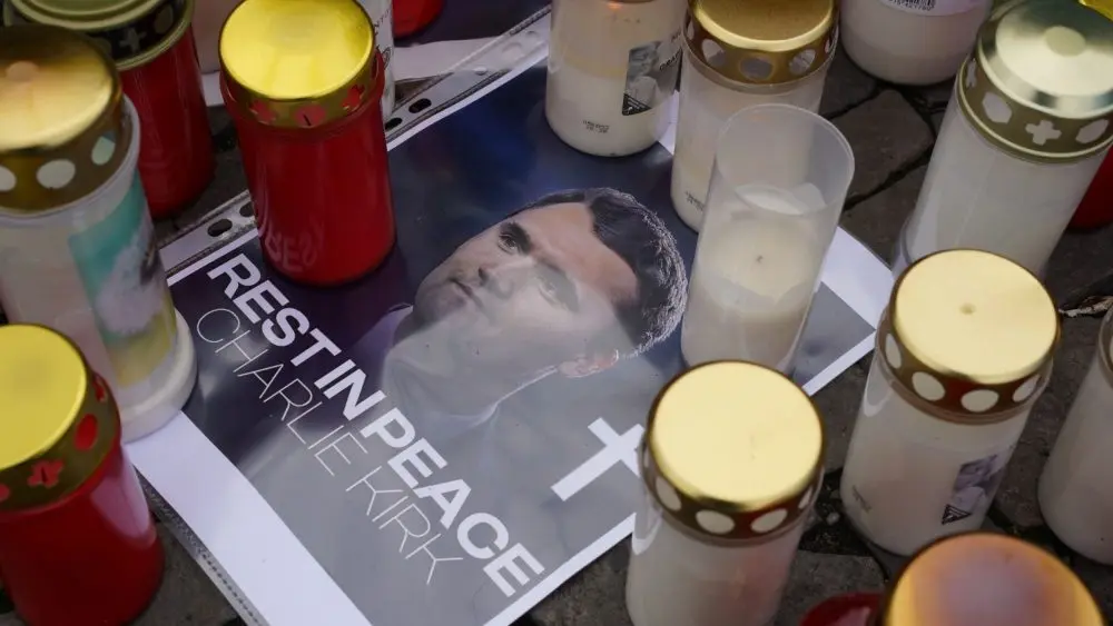 Berlin^ Germany - September 12^ 2025: Makeshift memorial for Charlie Kirk at the Embassy of the United States of America on Pariser Platz in Berlin