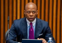 NYC Mayor Eric Adams speaks during a briefing with police brass at One Police Plaza on April 3^ 2024 in New York City.