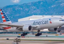 American Airlines Boeing 777-200 touches down at LAX International Airport December 22nd^ 2019. Los Angeles^ California.