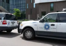 Law Enforcement Downtown Denver^ Denver Police Department cars parked Denver^ Colorado^ United States - 5.17.2023