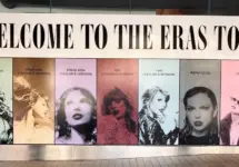 Taylor Swift's promotional banner for the Eras Tour Australia^ showcased near Universal Music Studio in Sydney. Sydney^ Australia - February 13^ 2024