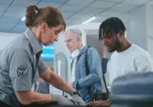 Security Checkpoint in Airport Terminal: Female TSA Worker Inspecting Baggage of Passenger before Boarding Flight^ Finding and Confiscates Liquid. Queue of Diverse People During Screening Procedures.