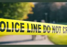 Police line outdoors. Warning yellow tape^ text police line do not cross^ blur park nature background. 3d illustration