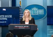 White House Press Secretary Karoline Leavitt speaks during the daily briefing in the Brady Briefing Room of the White House in Washington^ DC^ on July 7^ 2025. US